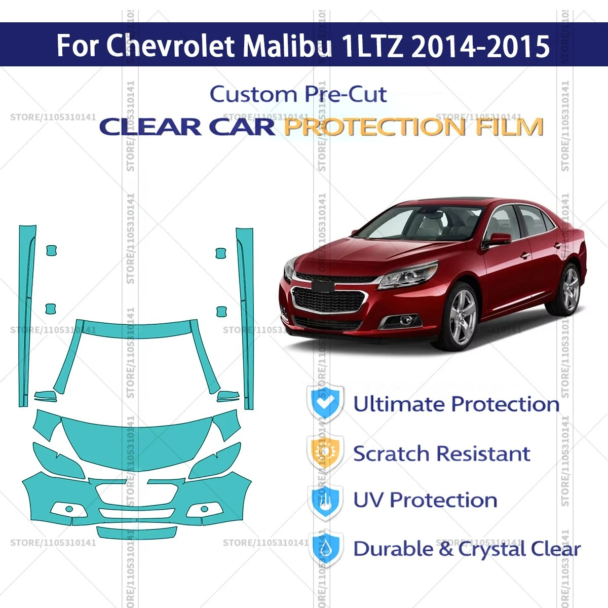 

Для Chevrolet Malibu 1LTZ 2014-2015: Предварительно вырезанная прозрачная защитная пленка (PPF) для автомобиля, комплект для передней части и порогов.