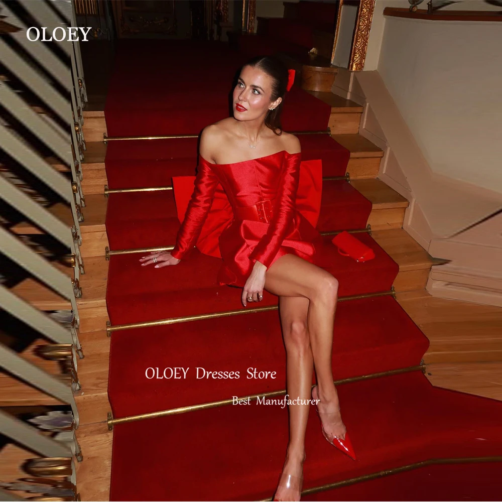 

OLOEY Sexy Off Shoulder Red Party Dresses Long Sleeves Big Bow Back Satin Christmas Formal Party Birthday Dress Gowns