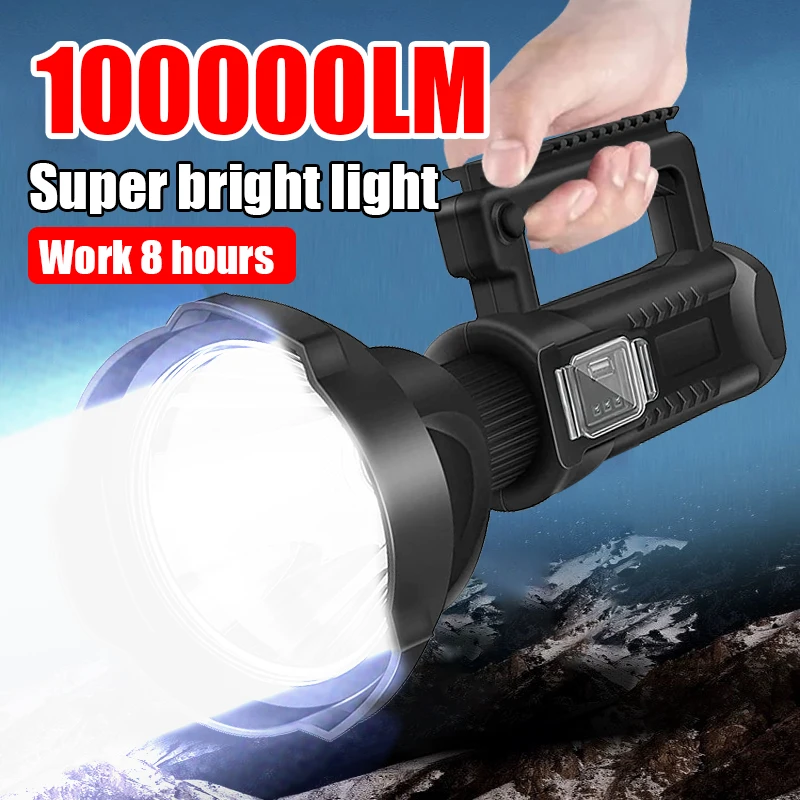 Lampe de poche LED puissante, projecteur portatif, Rechargeable par USB, avec support, lampe de travail Super brillante, lanterne d'extérieur Portable