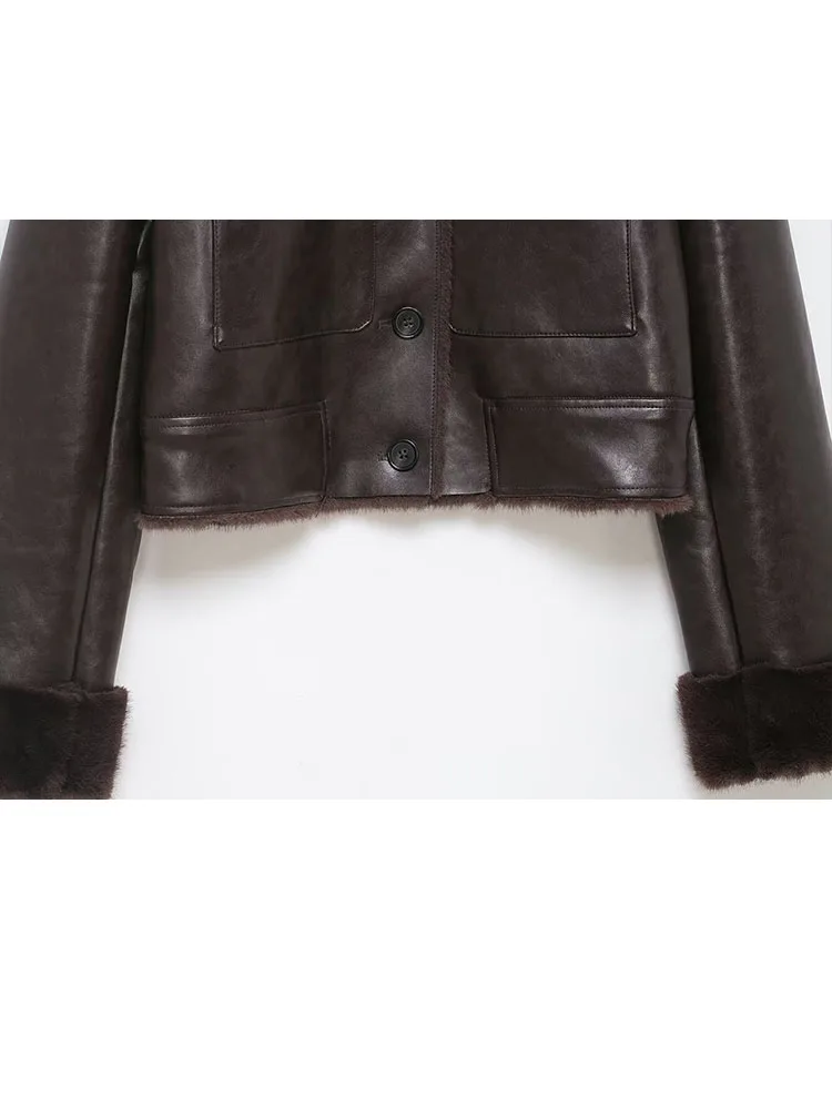 Damska elegancka dwustronna kurtka ze sztucznego futra, modna, z wysokim kołnierzem, zapinana na jeden guzik, z kieszeniami, zdobiona, z długim rękawem, ciepły płaszcz zimowy.