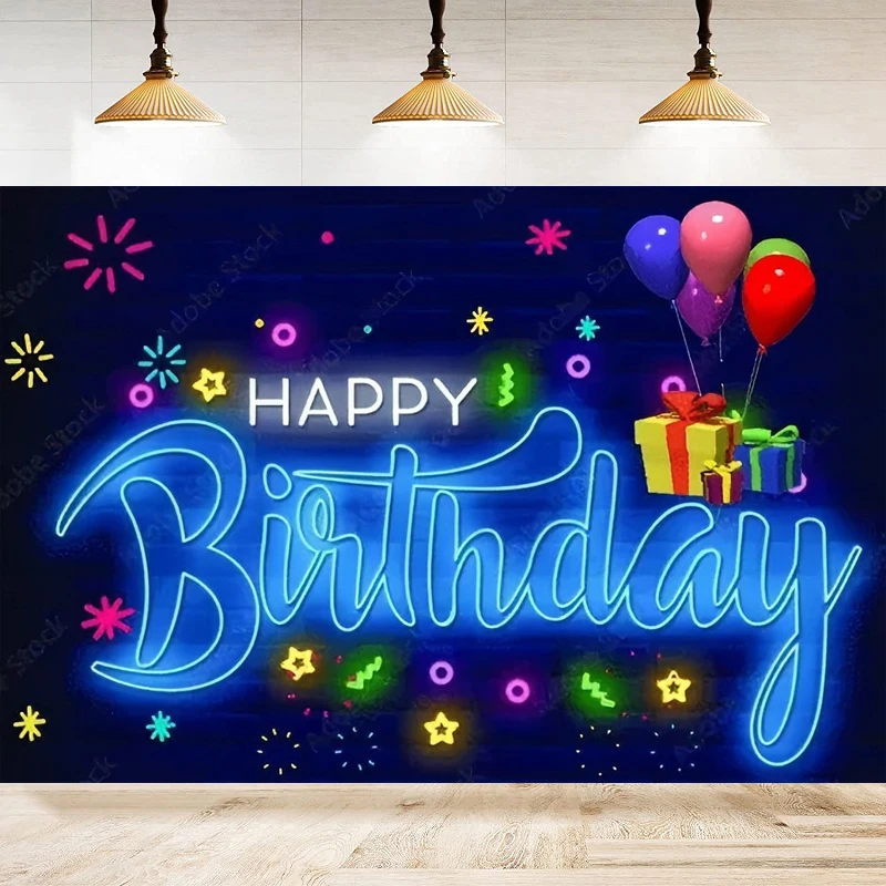 Photography Backdrop Neon Brick Wall Happy Birthday Party Disco Dance Theme Background Party Decoration Banner