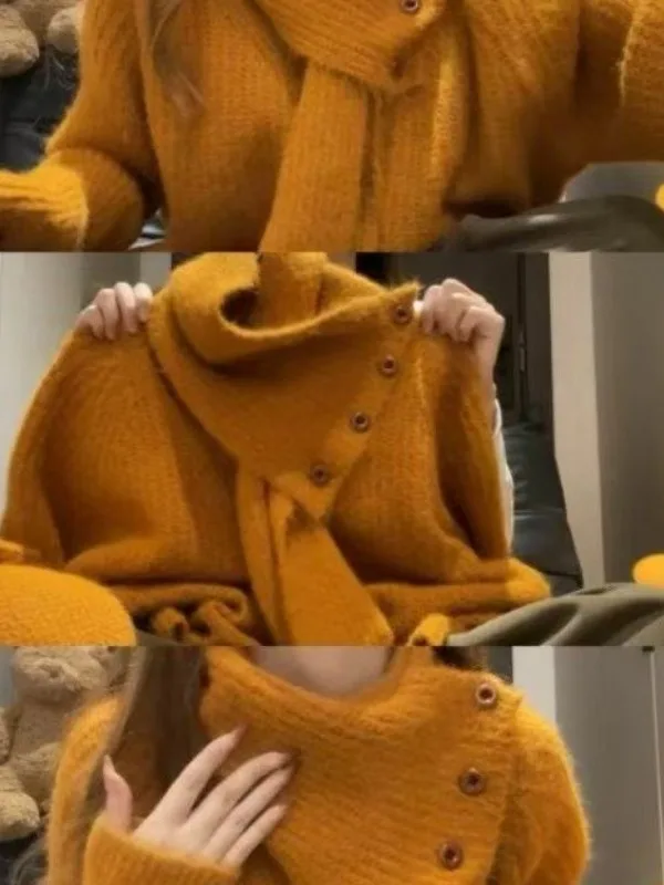 Korean High-End Lazy High Ne Sweater Women's Autumn Winter Overhead Detachable Scarf Outerwear Inner Match Knitted Top