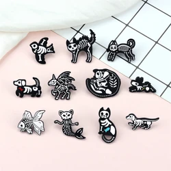 Punk Animal Skeleton Brooch Gothic Skull Cat Dog Bird Enamel Pins Halloween Jewelry Backpack Lapel Metal Badge Gifts for Friends