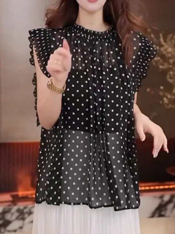 Adelgazante Polka Dot Wood ain Svel irt Mujer Verano Faionable Diseño versátil Top Coreano Sle Loose Fit