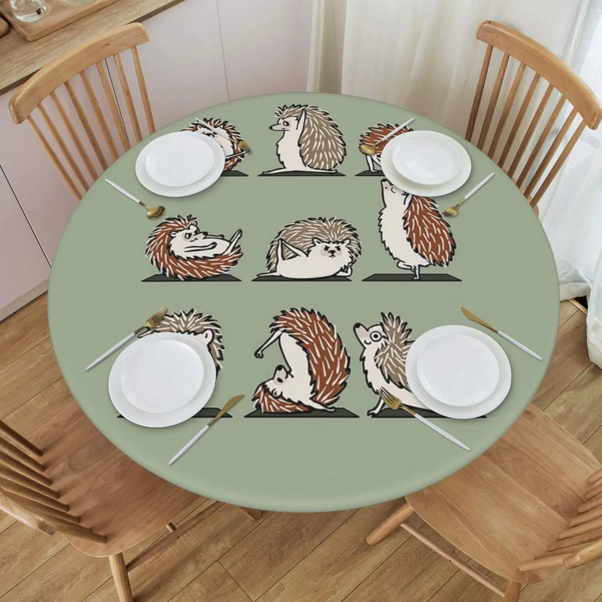 Hedgehog Yoga Waterproof Round Tablecloth Oilproof Table Cloth for Kitchen Events Dining Table Cover
