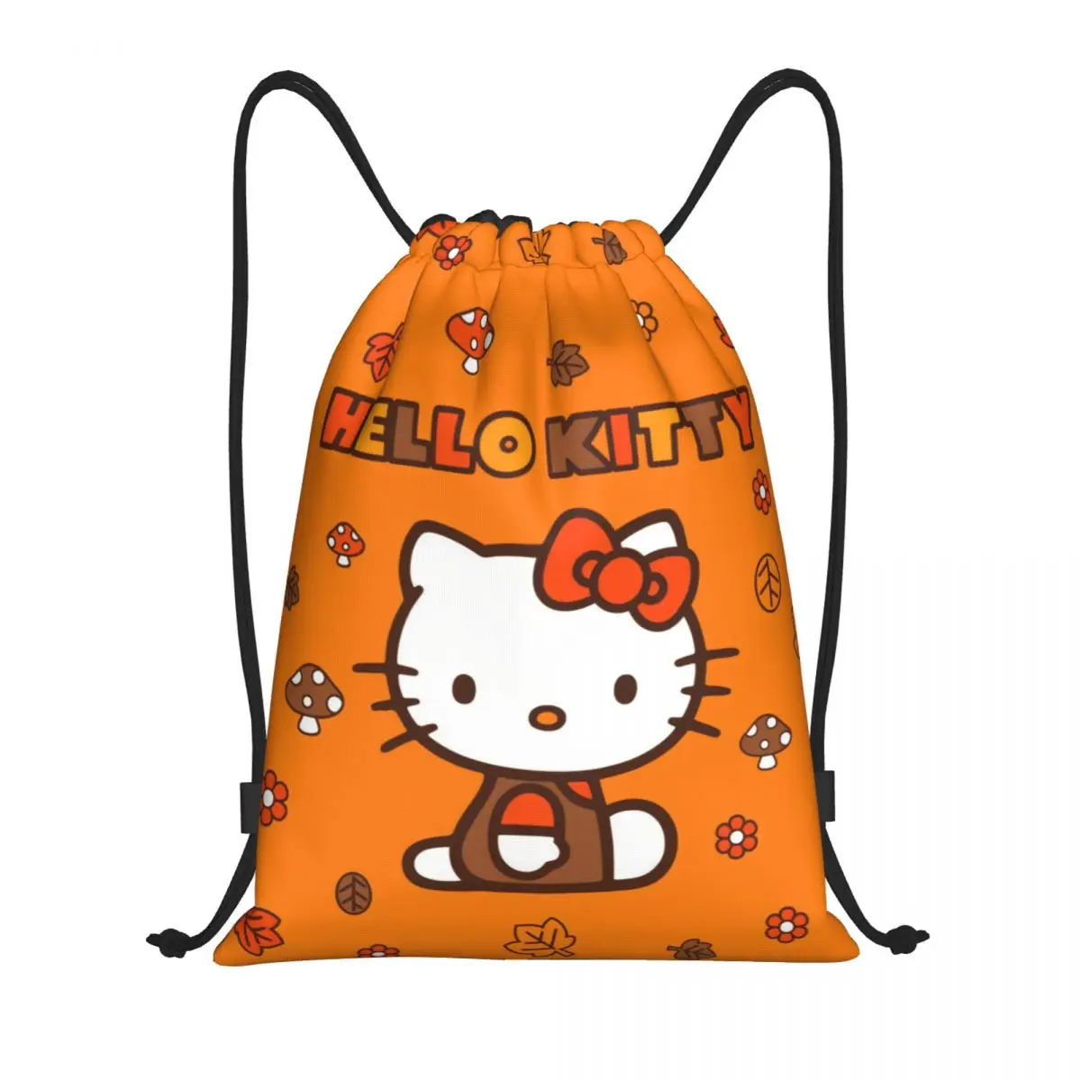 Custom Autumn Leaves Hello Kitty Drawstring Backpack Women Men Gym Sport Sackpack Foldable Cartoon Cat Shopping Bag Sack