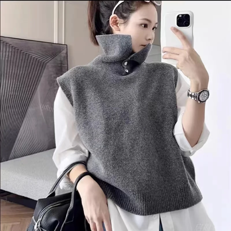 The Best Selling New Women's Knitted High Neck Tank Top Loose and Comfortable Sweater Sleeveless Sweater Women's Pullover s Vest