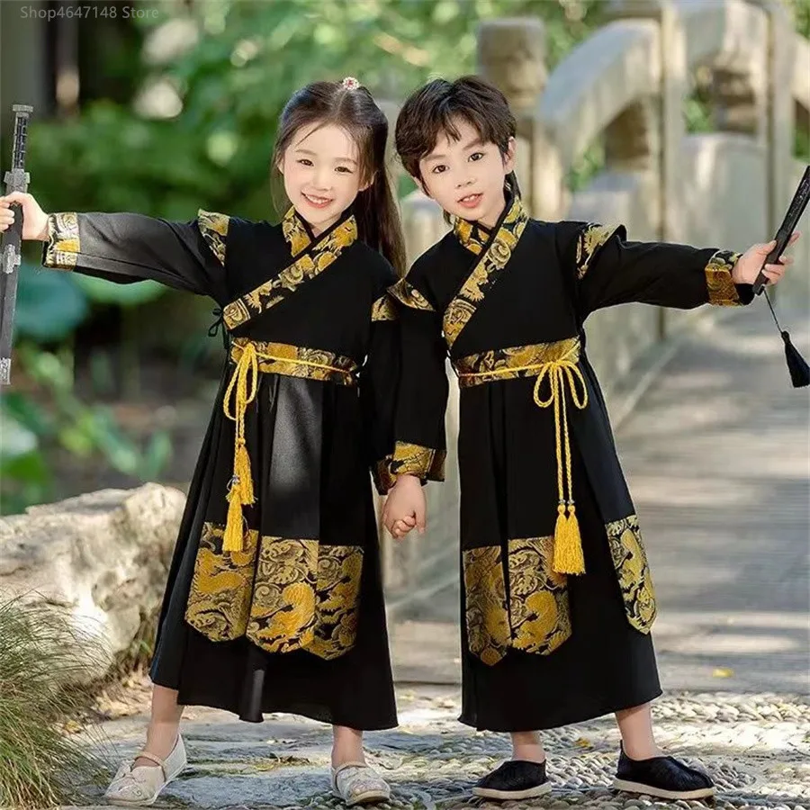 Crianças bordar hanfu antigo estudante traje menino & menina festa realizar fotografia vestido do bebê tradicional chinês roupas de ano novo