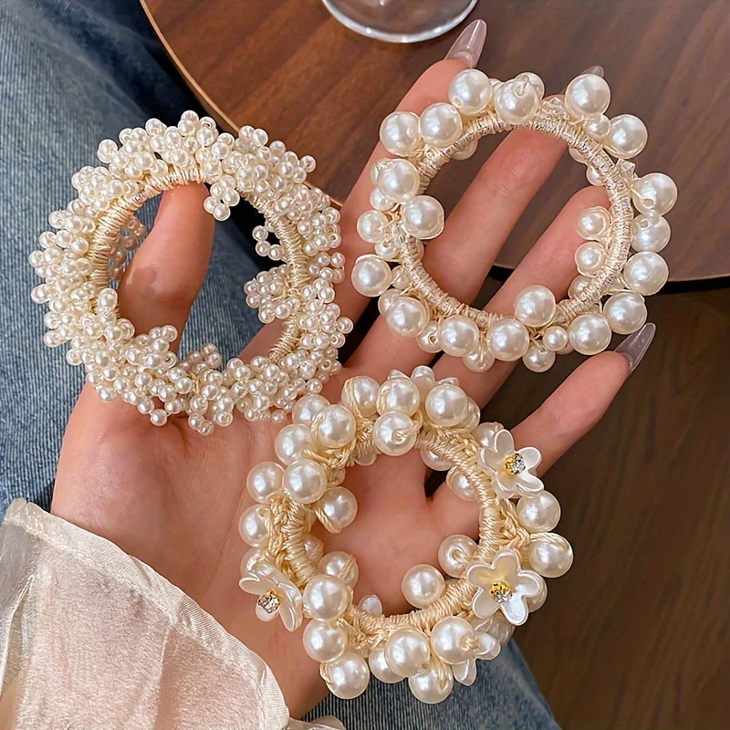 1/3pc Imitation Pearl Hair Tie, Elastic Flower Hair Band, Bracelet, Two-in-one Braided Hair Accessory, Girl's Hair Accessory