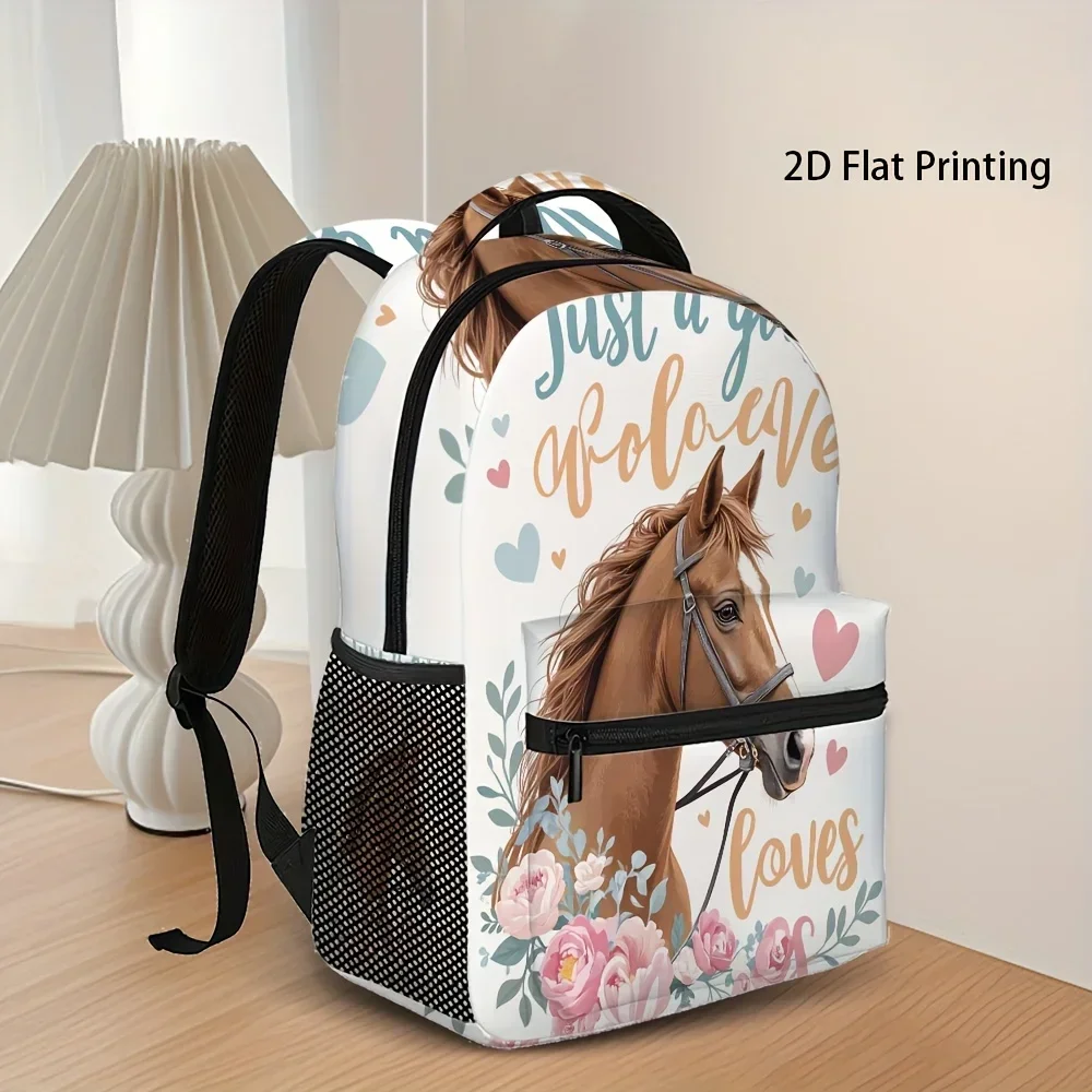 Custom Bag 1pc Stylish Horse-Themed Backpack With Floral & Heart Design, 