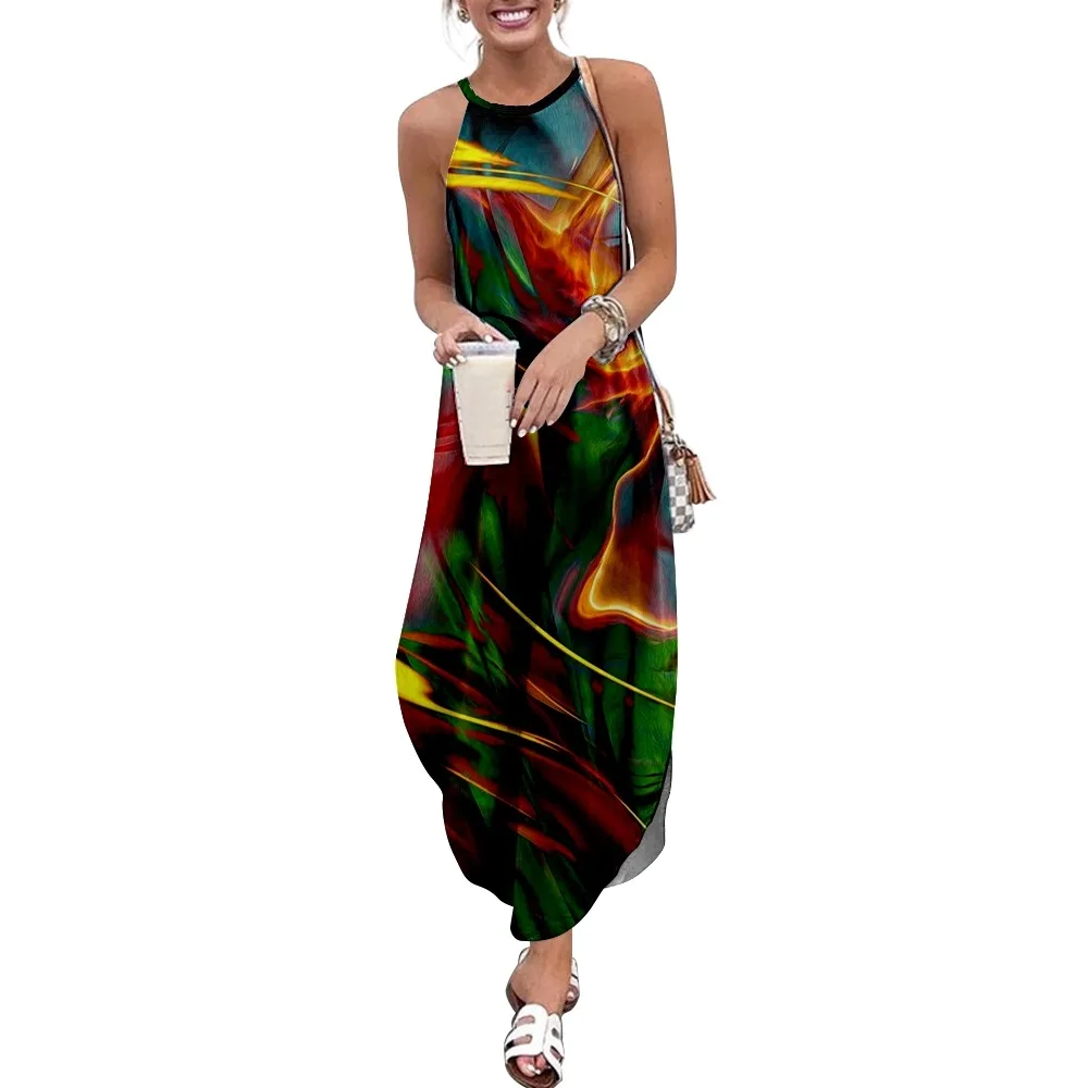 Women Maxi Dresses Fluorescent Lines Printed Sleeveless Women Causal Summer Beach Dress SOJINM Sling Long Dresses Streetwear