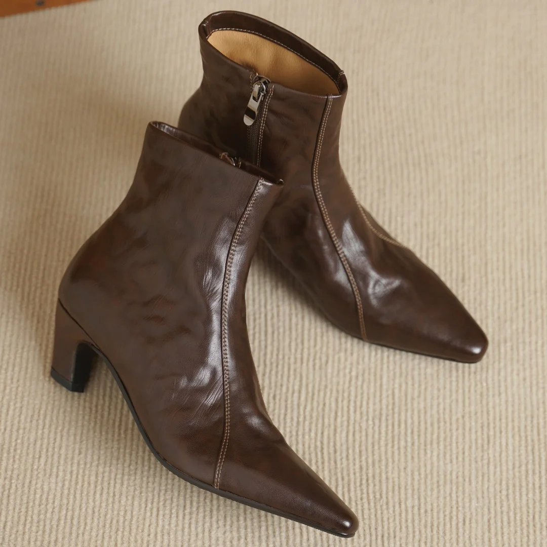 

Женские осенние ботильоны из натуральной кожи в стиле пэчворк с острым носком и боковой молнией, элегантные женские короткие ботильоны на тонком высоком каблуке 5 см