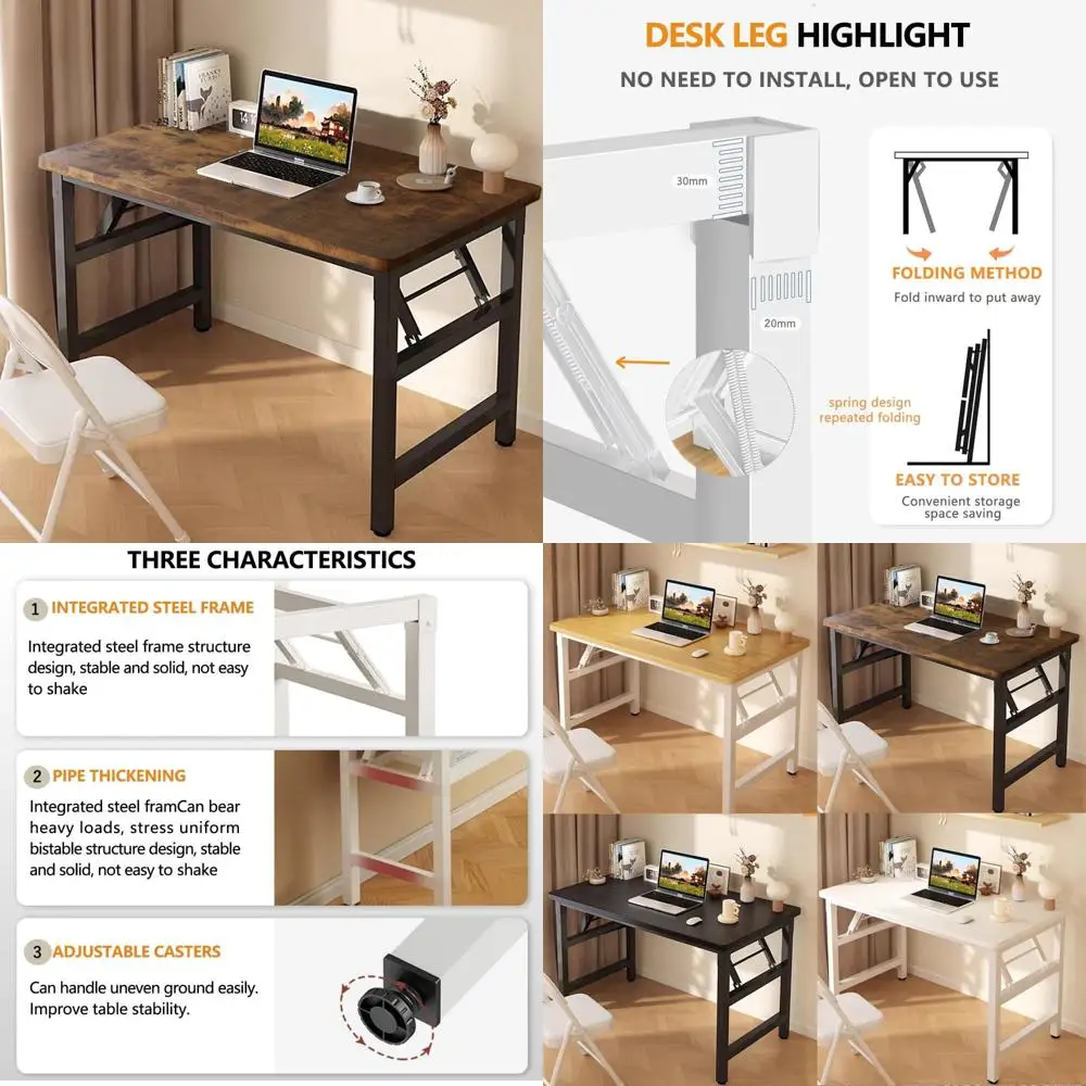 Compact Square Folding Table for Small Spaces - Rustic Brown Finish, Easy Assembly-Free Desk