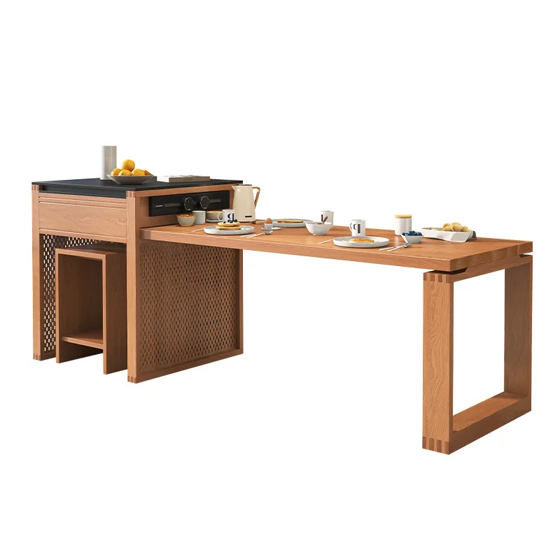 Modern simple solid wood, retractable dining table rock slab, dining side cabinet household small apartment, dining table