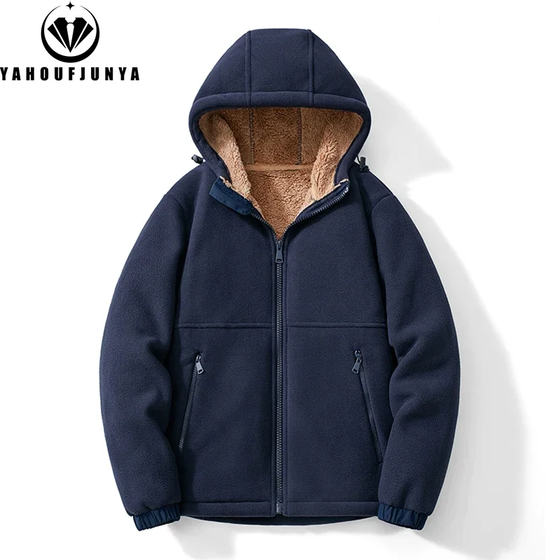 2024 Men Winter Outdoor Casual Fleece Warm Hooded Jacket Men Solid Color Zipper Fashion High-Quality Design Jacket Male Coat 5XL