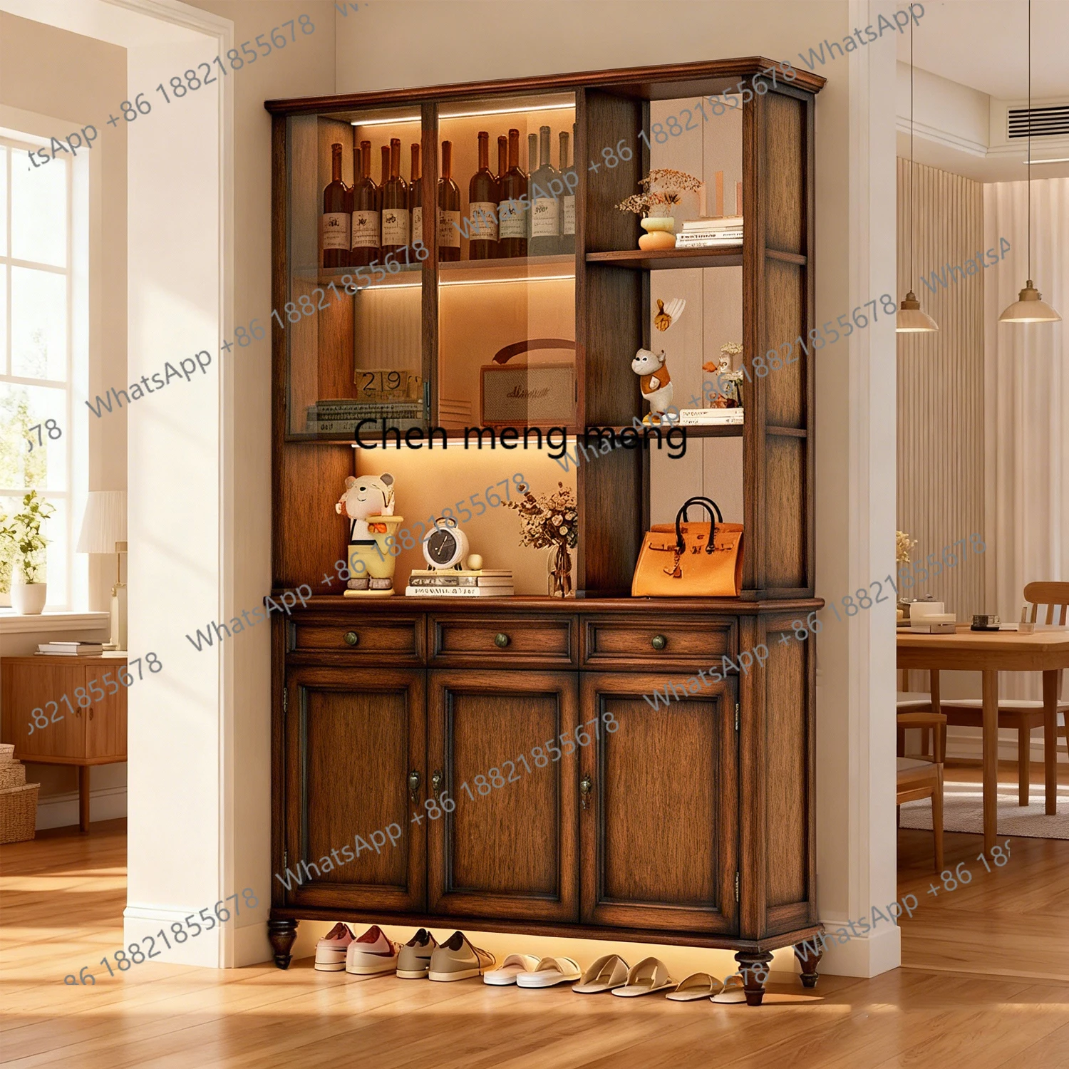 

American Retro Solid Wood Entryway Cabinet Glass Door Display Cabinet Storage Organizer Multifunctional Wine Cabinet Shelf