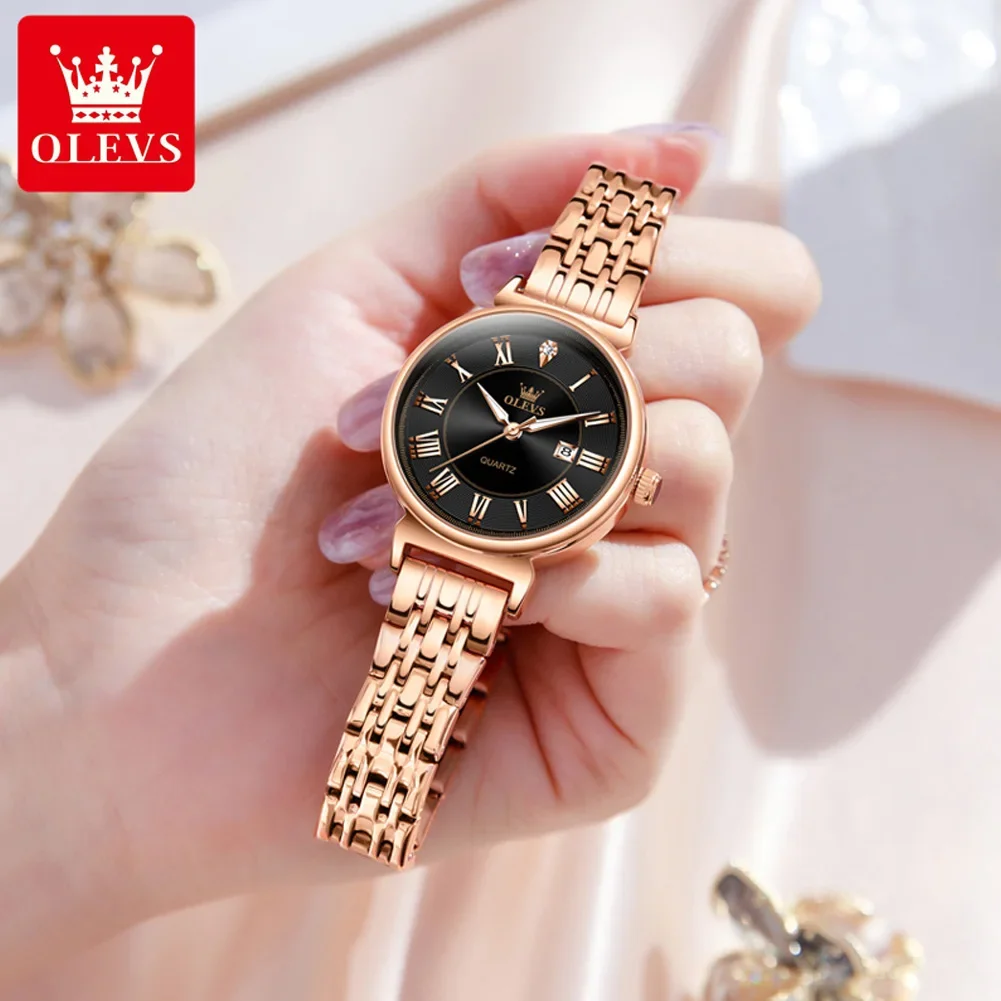 OLEVS Luxury Brand Quartz Clock for Women Classic Roman Scale Solid Stainless steel Waterproof Date Wristwatch Women Girl Watch