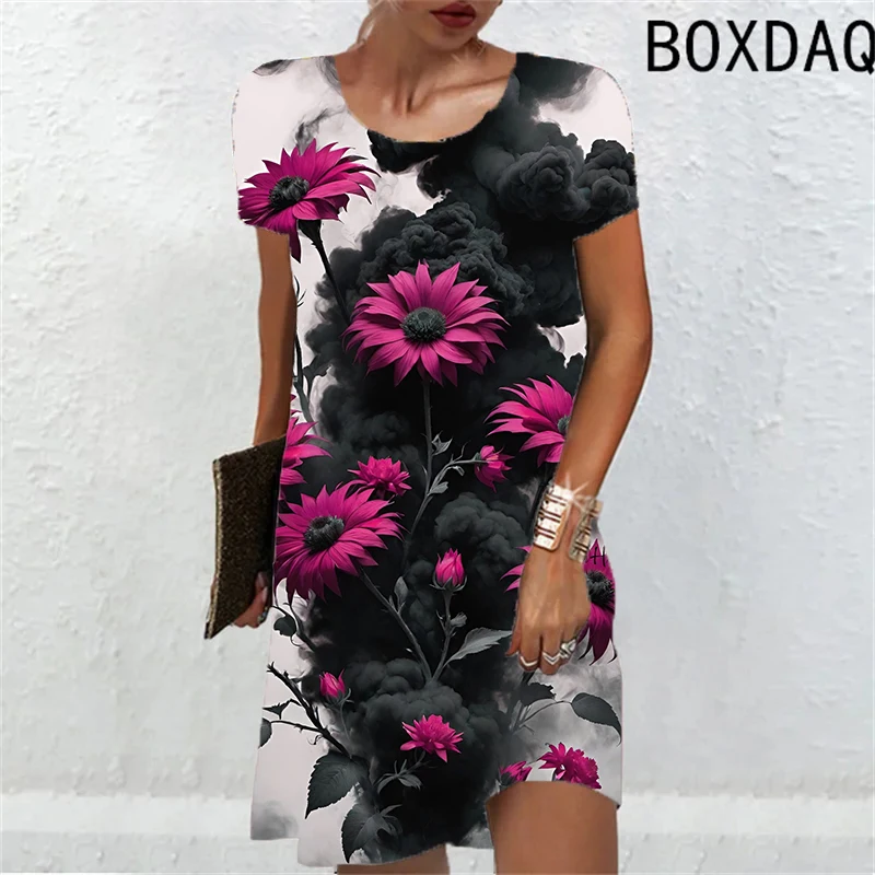 Casual Tie Dyed Flowers Print Dress For Womens Short Sleeve o-neck Loose Mini Dress Street Wear Fashion Summer New Ladies Dress