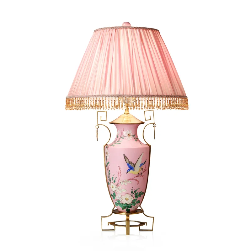 

European ceramic inlaid copper table lamp hand-painted flower and bird decoration home living room