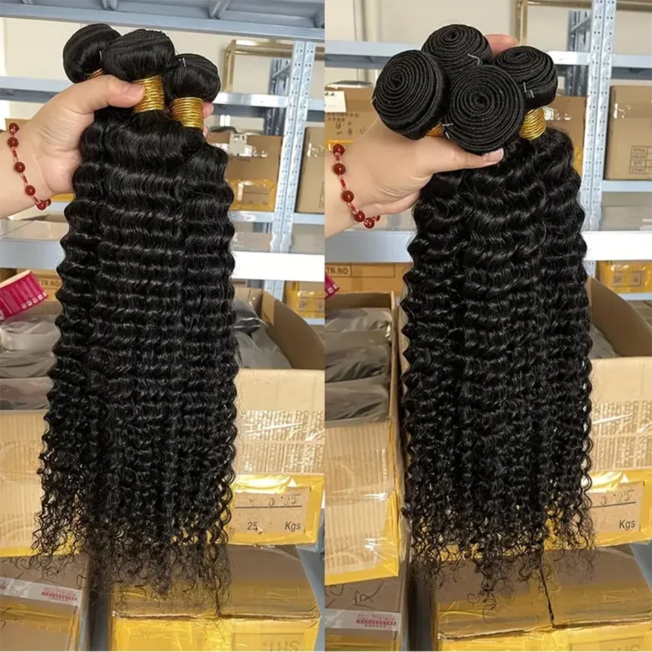 Pacotes indianos do cabelo humano da onda profunda, não transformados, cru, Virgin, encaracolado, extensões, cor natural, venda por atacado, 30"