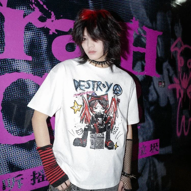 Y2K Emo Alt Tee Punk Wing Anime Girl Destroy Slogan Star Graffiti Grunge Sketch Graphic Ins Trendy Unisex Cotton Daily Tshirt