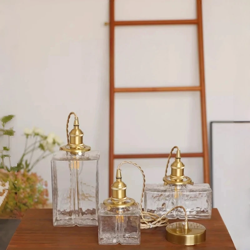Vintage Brass Square Glass Pendant Light Adjustable Wire Retro Hanging Lamp for Kitchen Bar Cafe Bedside Dining Corner Decor
