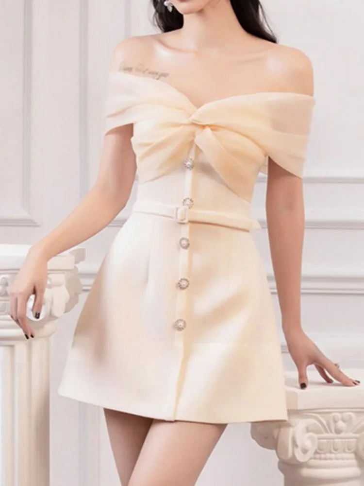 DEAT Elegant Dress Bowknot Single-breasted Gauze Strapless Belt Women\'s Evening Party Dresses 2024 Summer New Fashion 35Z459