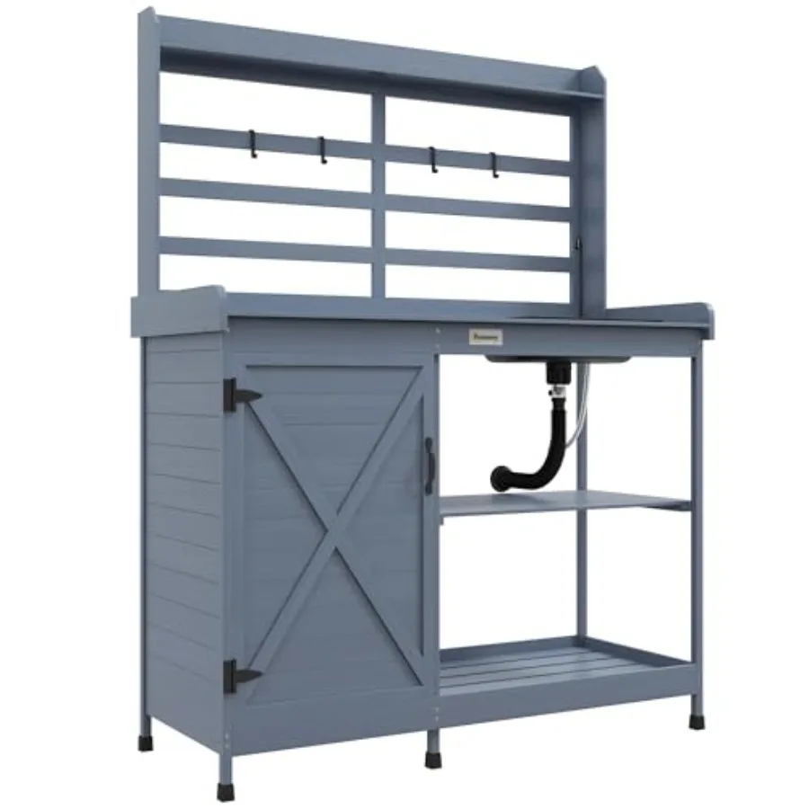 Wooden Potting Bench, Outdoor Potting Table with Storage Cabinet, Storage Shelves, Sink, Water Tap, Wood Table Top for Backyard