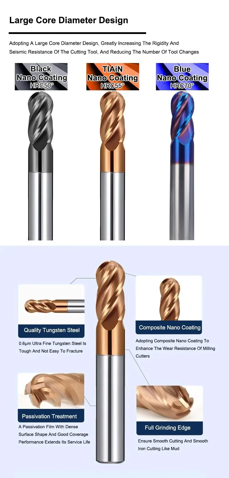 AZZKOR HRC50/55/70 Fräser für Stahlmaterial, 4-Schneiden-Kugelkopffräser, Hartmetall-CNC-Fräswerkzeuge R0,5-R6,0mm – Detail 3