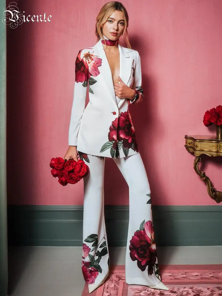 VC Floral Print Blazer Pant Suit Set Elegant White Two Piece Office Lady Outfit Shawl Lapel Blazer & High Waist Wide Leg Pants