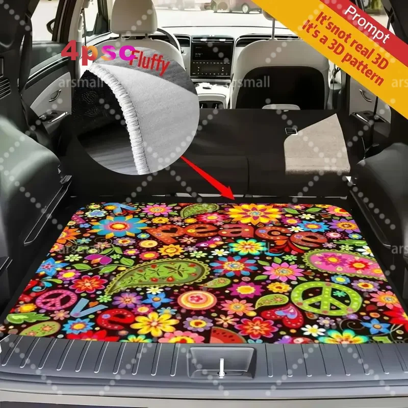 1pc Vintage Hippie Style Trunk Mat For - Featuring A Vibrant Floral And Peace Symbol Design, Made From Soft And Plush Material F