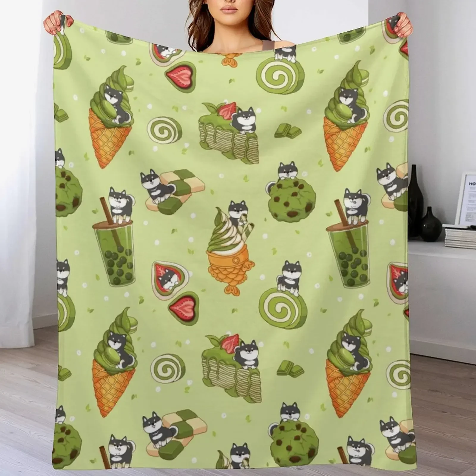

Black Shiba Inu with Japanese desserts - Green Throw Blanket Air Conditioner Soft Blanket for Office Home