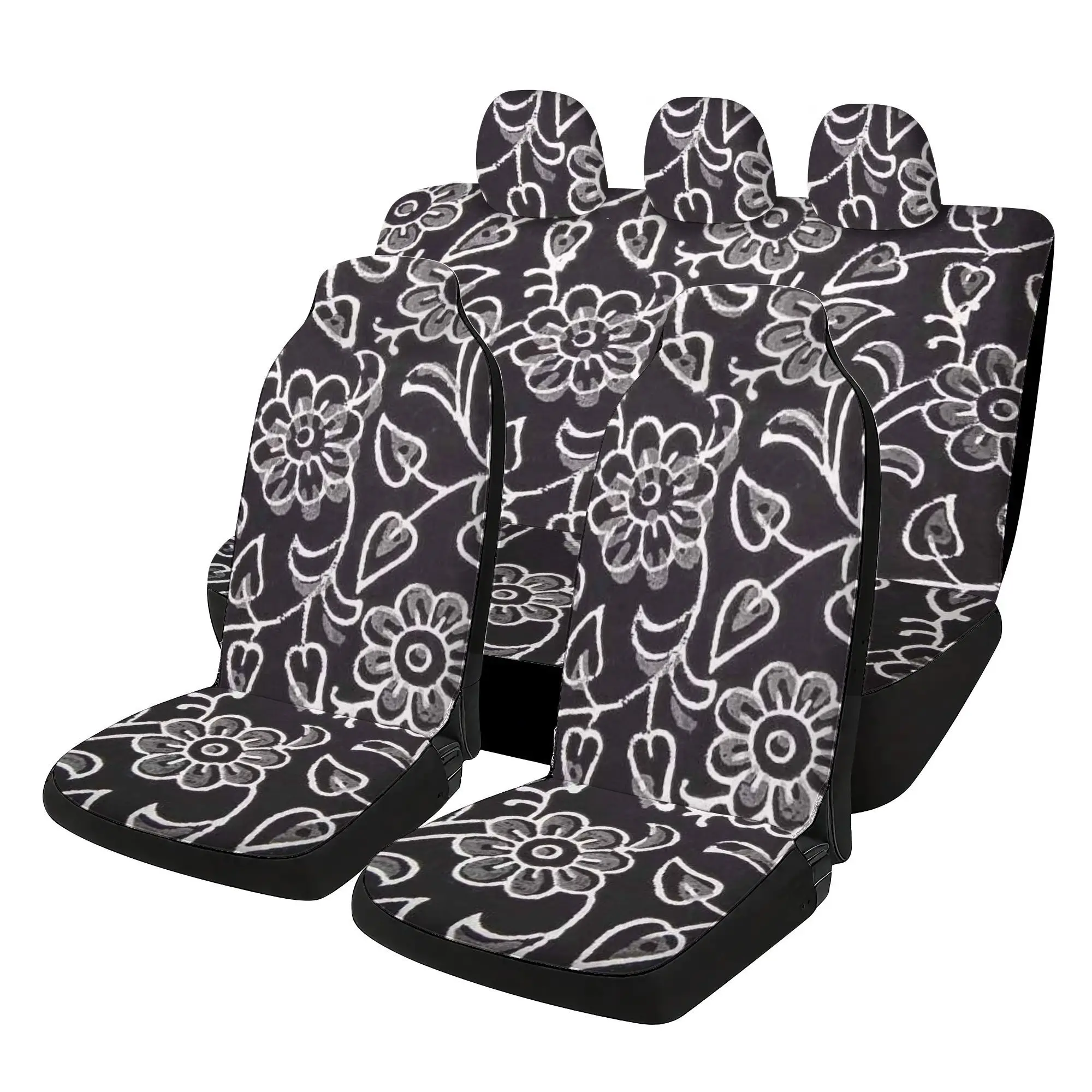 Floral Design In Black And White For Car Seat Protection, Suitable For Five Seats Including Two Front Seats, Three Headrests, On