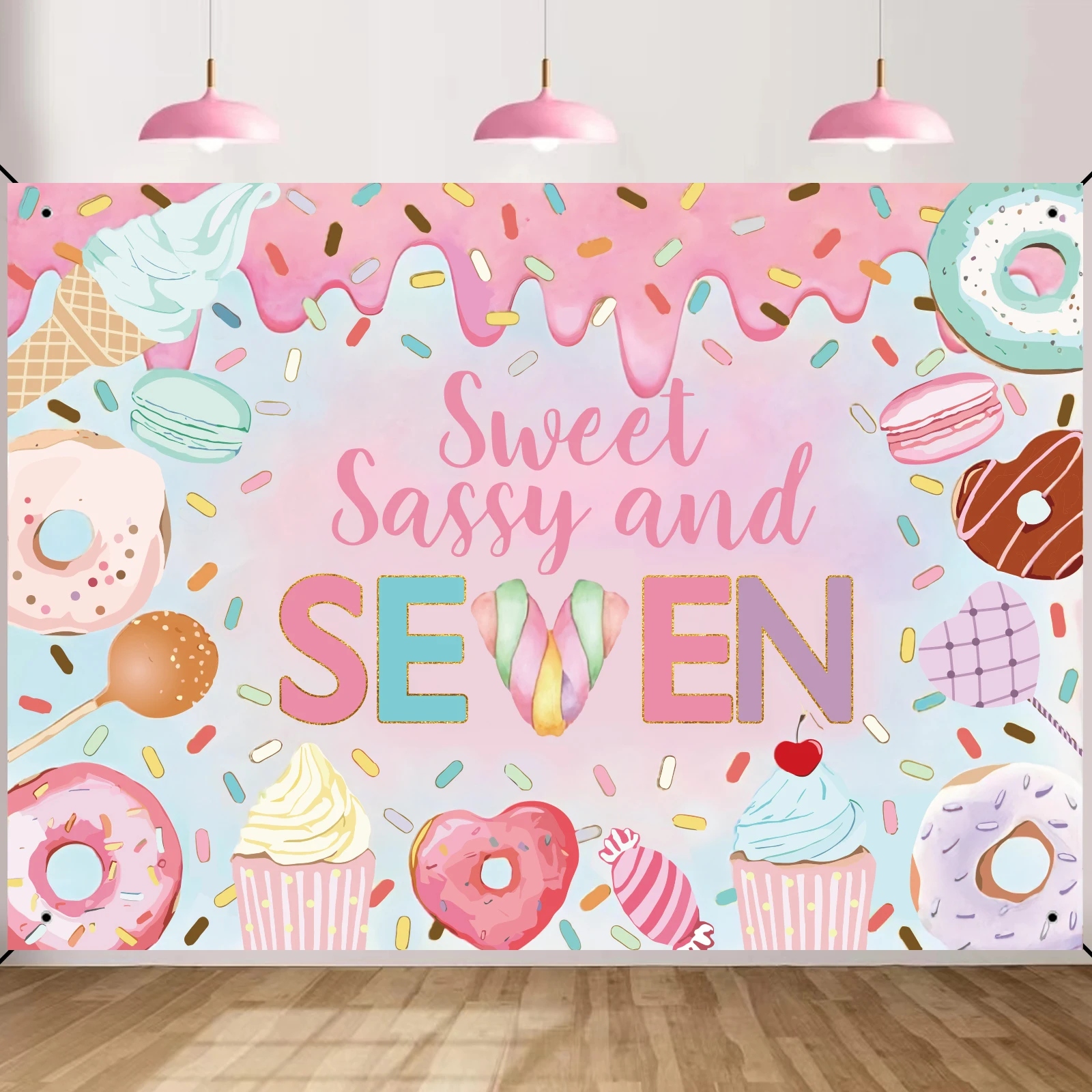 لافتة وردية خلفية لزينة حفلات أعياد الميلاد ، ساسي حلو ، دونات 7 ، دونات 7