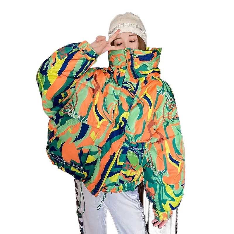 

Осенне-зимняя женская одежда на хлопковой подкладке, короткие с капюшоном, цветные нишевые куртки с хлопковой подкладкой с цветком хлеба, универсальная индивидуальность