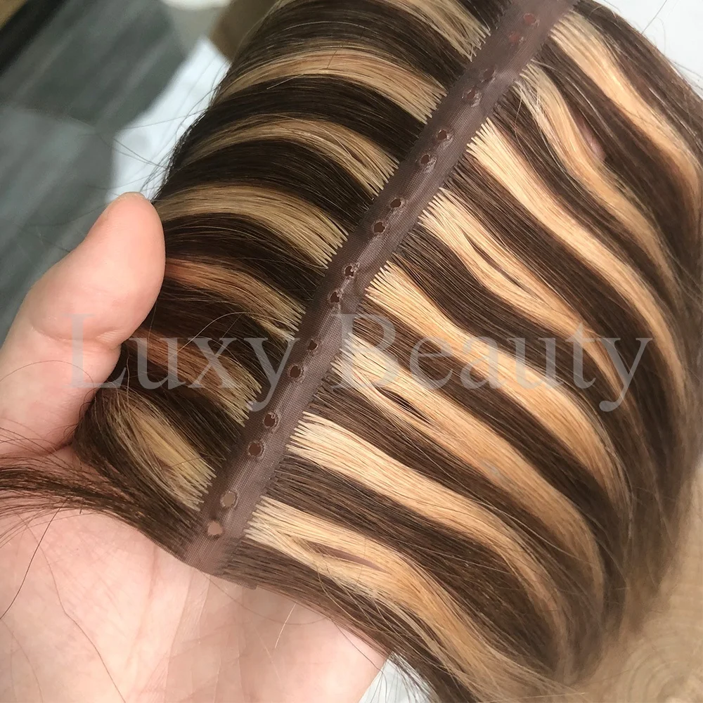 Balayge Doppio foro iniettato Trama Estensioni dei capelli umani Dritto Doppia linguetta Trama Capelli Naturale Nero Marrone Trama invisibile del foro XO