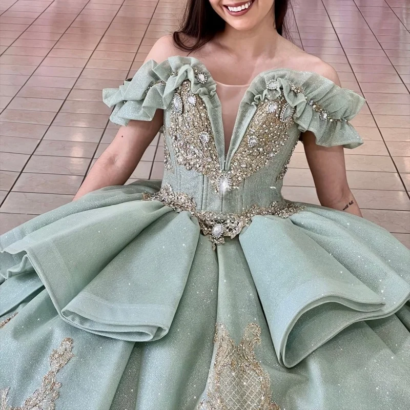 

Cyan Quinceanera Dresses Off the Shoulder Sequin Decal Lace Layering Long tail Vestido De 15 Quinceanera Customize