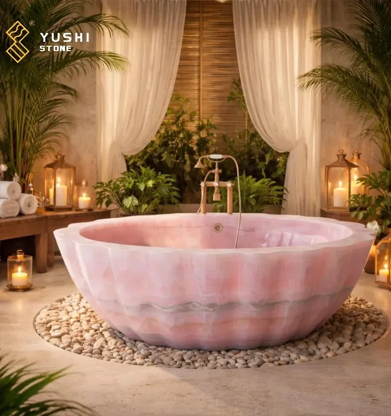 Luxury Stone Baths,YUSHI Customizable Pink Onyx Marble Bathtub  standing Stone Tub For Handcrafted Luxury Bathroom Design