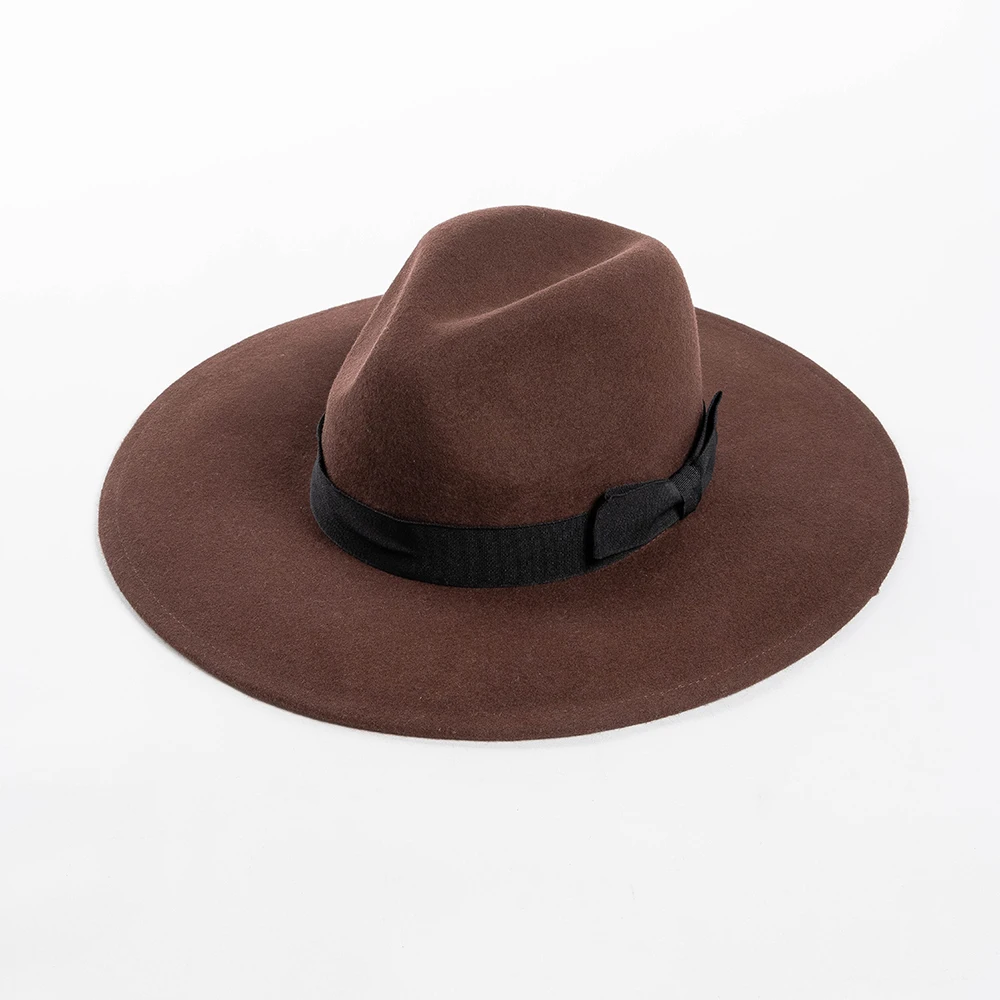 

100% Wool Felt Fedora Hat Wide Brim Unisex With Ribbon Bowknot