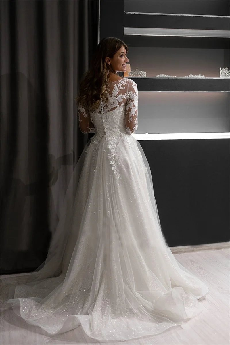 Customized Long Sleeves Ball Gown Wedding Dresses Robe De Mariee Lace Applique Illusion Back Court Train Princess Bridal Gowns