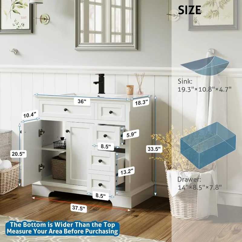 casa. Vanity da bagno da 36" con lavabo combinato, mobiletto portaoggetti da bagno vintage con superficie dipinta, piedini ad arco rialzati,