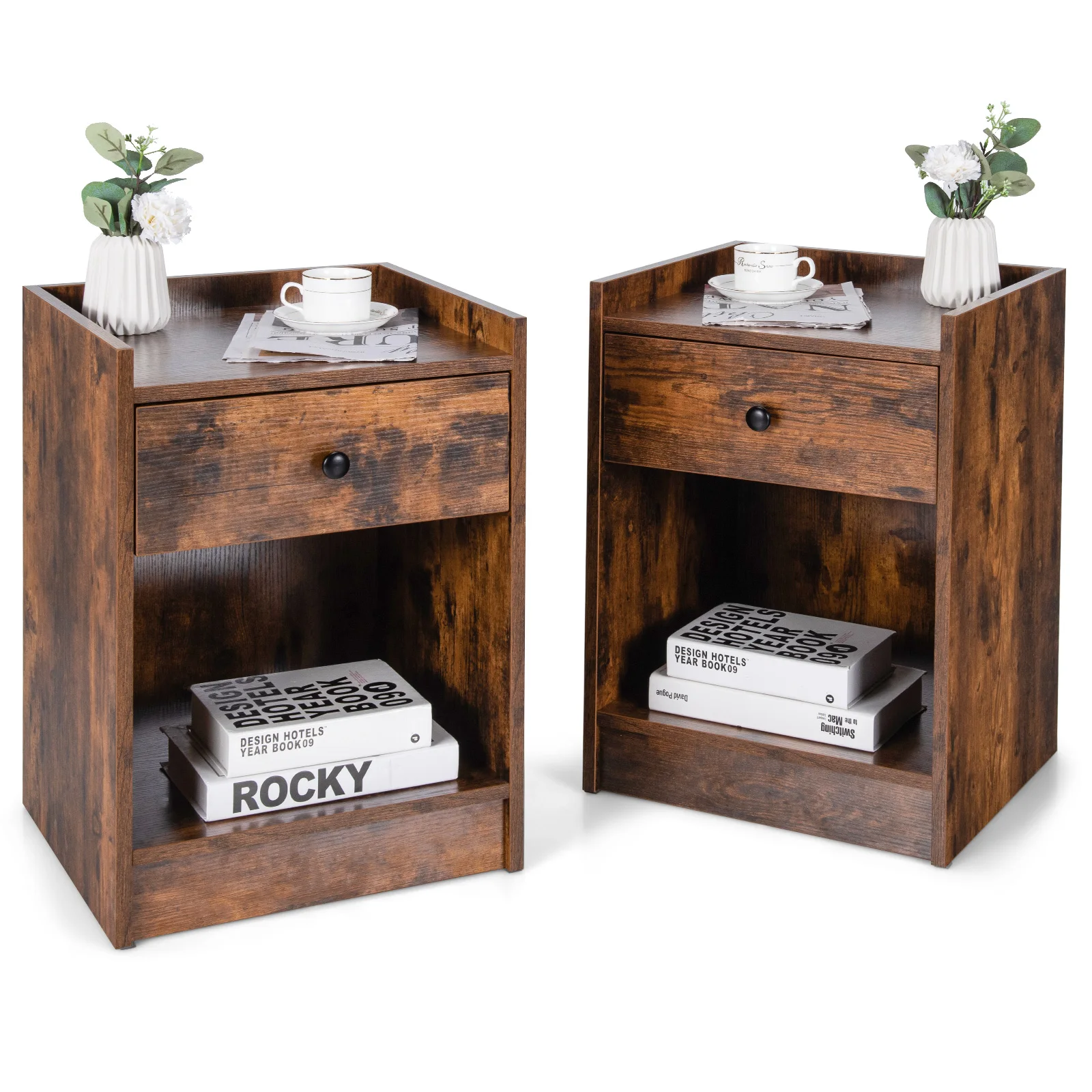 Set of 2 Nightstand with Drawer Cabinet End Side Table Raised Top Rustic Brown