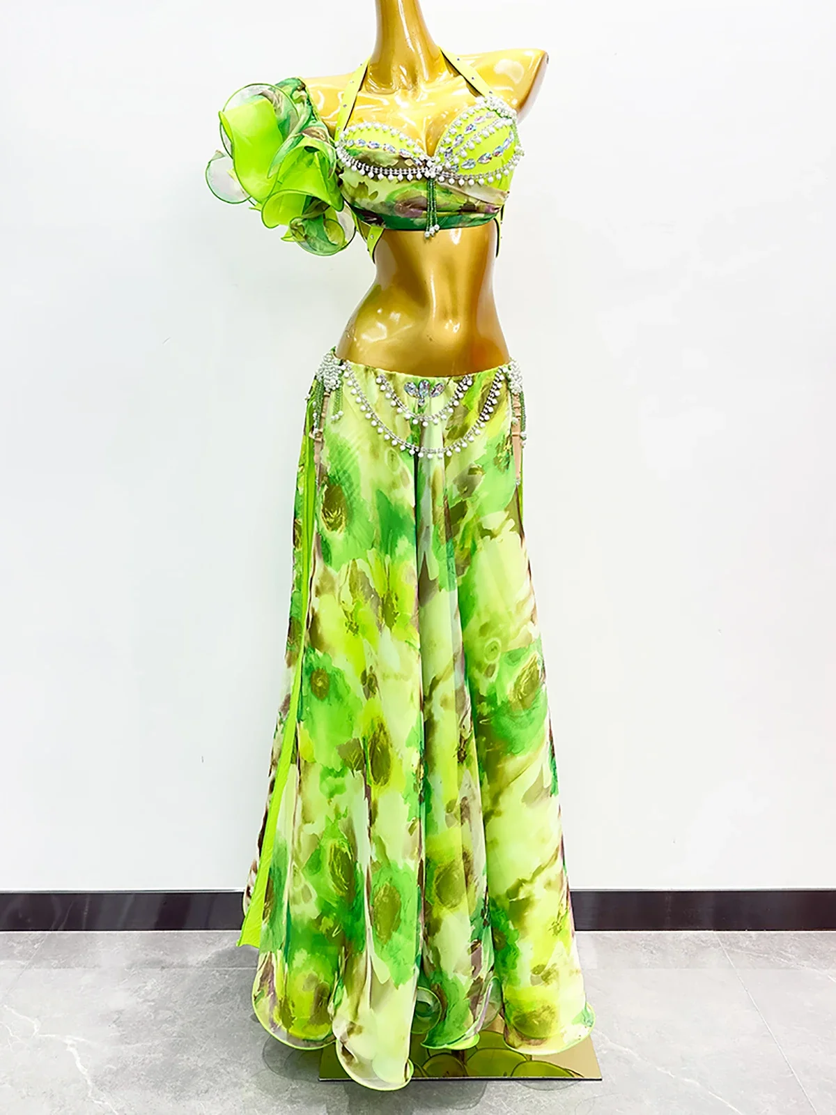 

Yellow Green Women Belly Dance Table Performance Costume Adult Diamond Studded Bra Long Skirt Eastern Dance Set wzy030