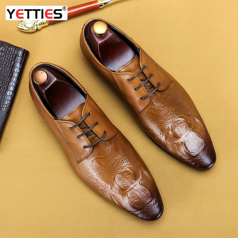 

Italian Luxury Handmade Men Business Dress Shoes Korean Style Pointed Shoes British Genuine Leather Crocodile Pattern Men Shoes