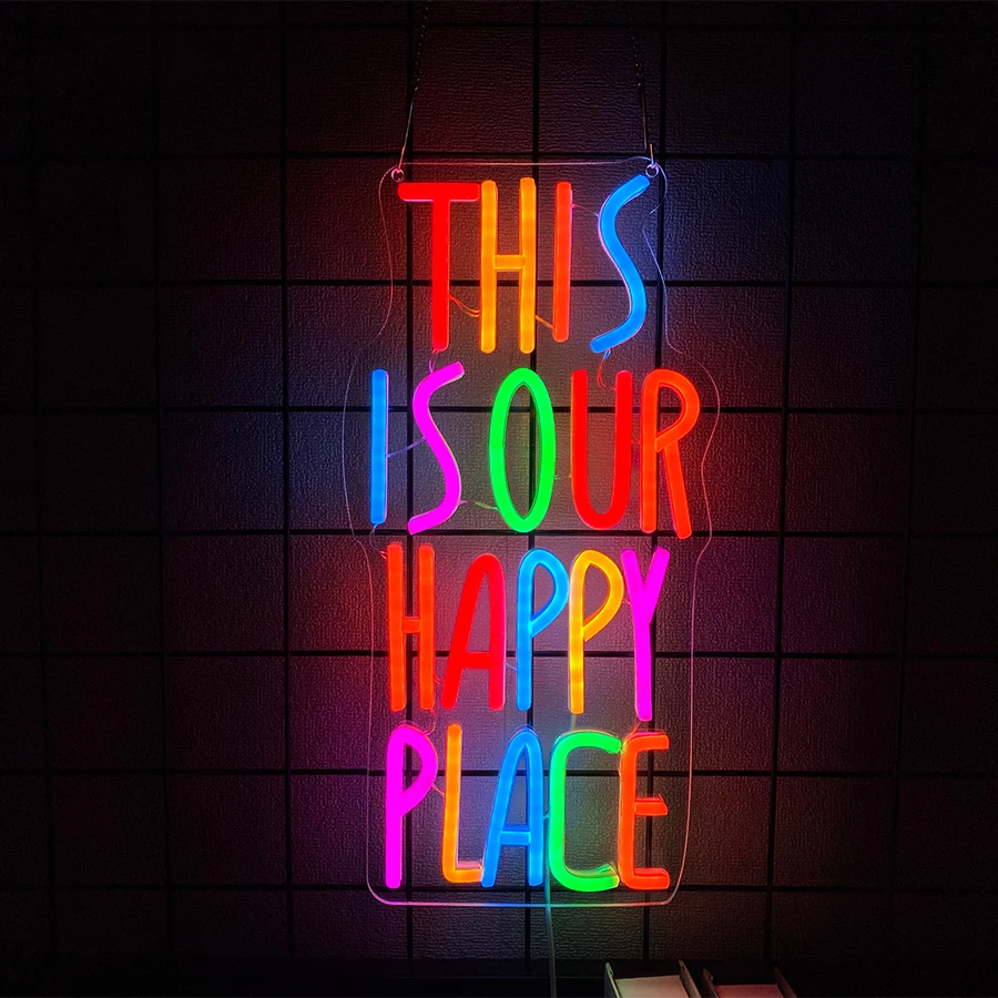 This Is Our Happy Place Neon Sign For Wall Decor,Light Up Sign For Bedroom,Classroom,Game Room,Amusement Park,Bar,Party,Man Cave