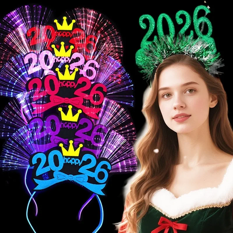 

Luminous 2026 LED Glow Party Light Hairband Luminescent Fibre Happy New Year Adult Crown Flower Headband Hairband Gift Hair Hoop