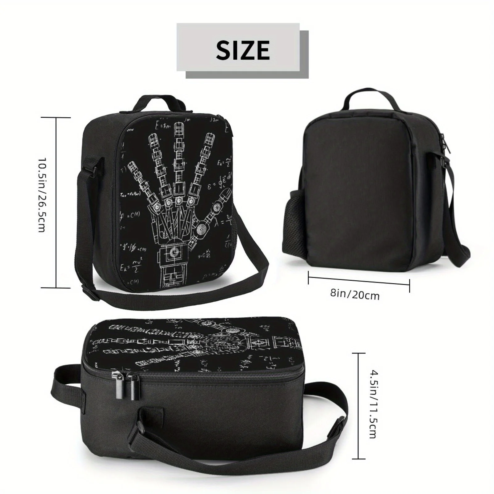 1pc Black Insulated Lunch Bag with Robot Drawing Math Equations Reusable Bento Tote, Non-Food Contact Durable Polyester