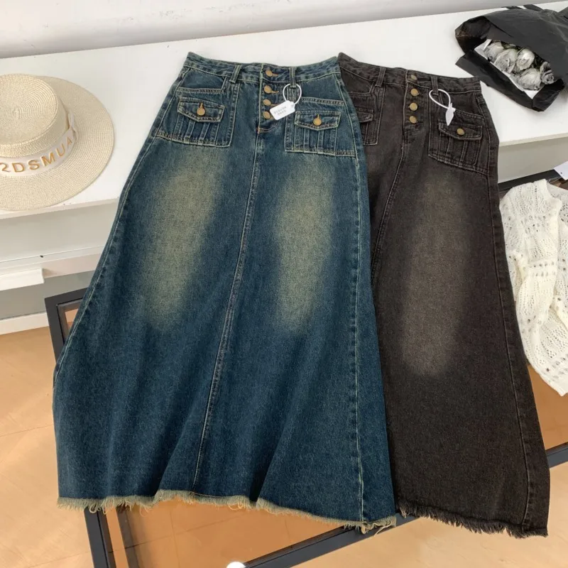 

Американская джинсовая юбка в стиле ретро, женская джинсовая юбка с высокой талией, выцветший дизайн, летняя новая волнистая юбка-миди трапециевидной формы