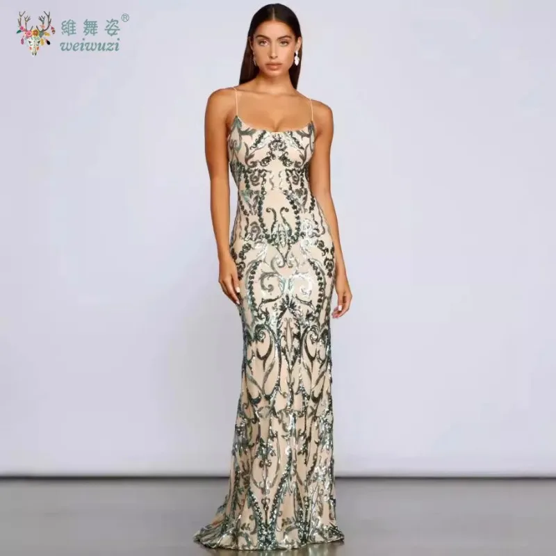 

Женское элегантное облегающее платье на бретельках с открытой спиной и рыбьим хвостом, длинное вечернее платье ручной работы с вышивкой бисером и блестками для выпускного вечера