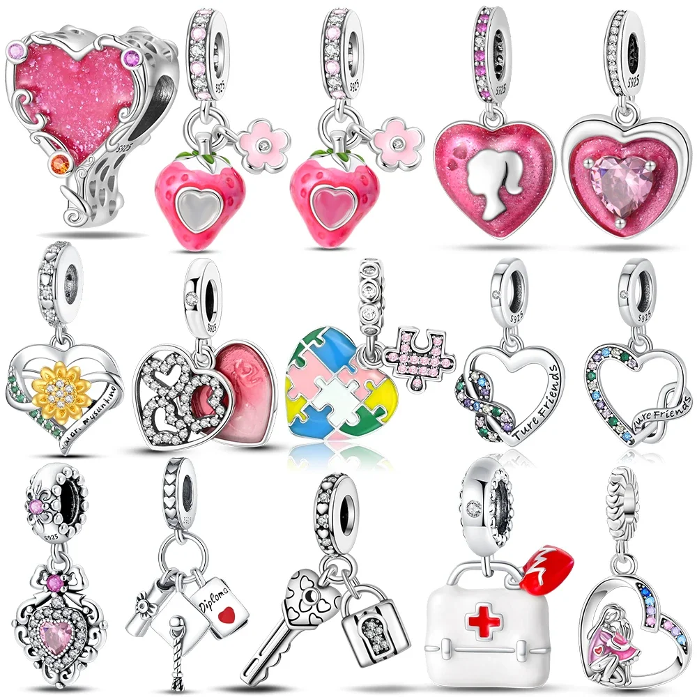 925 Silver Pink Pendant Heart Sunflower Unlimited Key Lock Original Charms Beads Fit Bracelet Jewelry Women's Accessories Diy